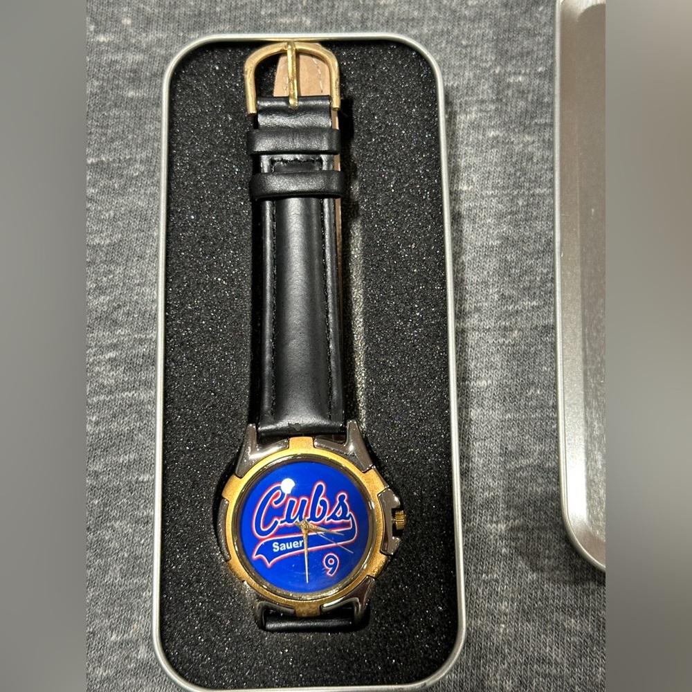 Chicago Cubs Watch Men's Black Leather MLB Merch #9 Sauer